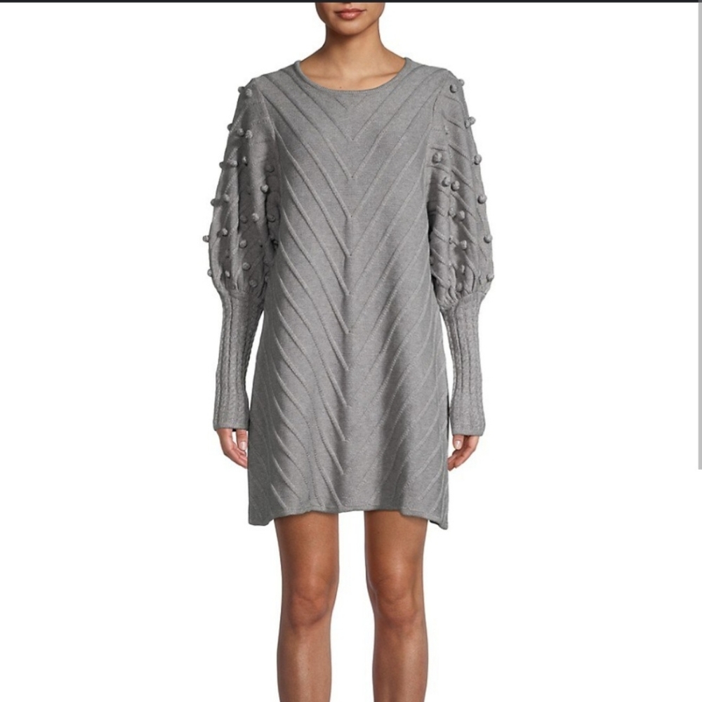 Avantlook Gray Puff Sleeve Knit Mini Sweater Dress NEW